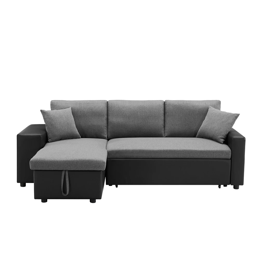 Simplie Fun 92.5" Linen Reversible Sleeper Sectional Sofa With Storage And 2 Stools Steel