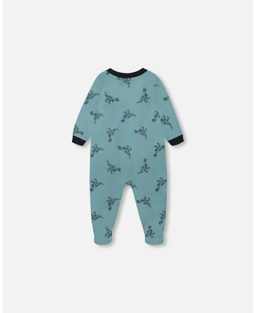 Baby Boy Organic Cotton One Piece Pajama Teal With Mechanical Dinosaurs Print - Infant