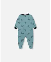 Baby Boy Organic Cotton One Piece Pajama Teal With Mechanical Dinosaurs Print - Infant