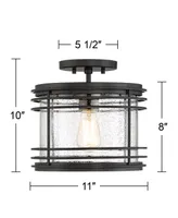 Mackie Modern Outdoor Semi Flush-Mount Ceiling Light Fixture Black Geometric 11" Clear Seedy Glass for Exterior House Porch Patio Outside Deck Garage