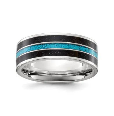 Chisel Stainless Steel Turquoise & Black Star Sandstone Band Ring