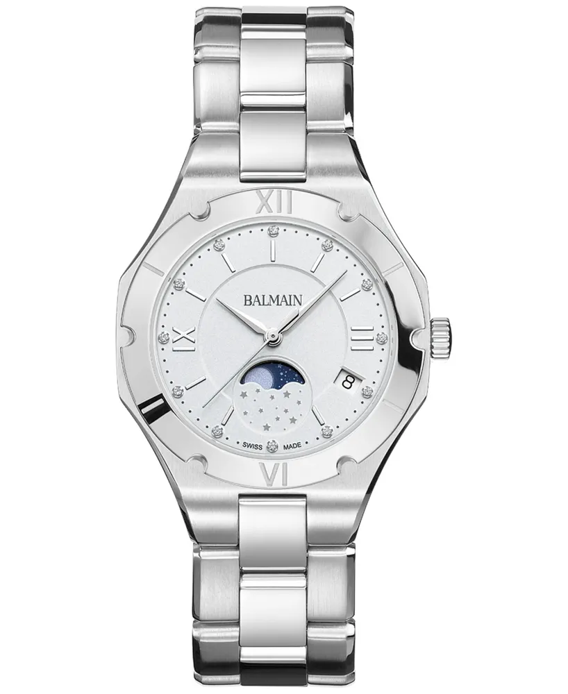 Balmain Women's Swiss Be Balmain Moonphase Diamond (1/20 ct. t.w.) Stainless Steel Bracelet Watch 33mm