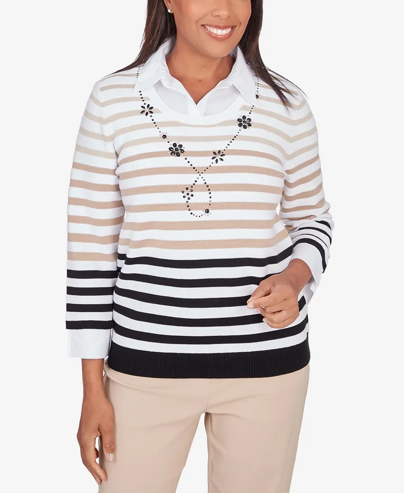 Alfred Dunner® A Fresh Start Stripe Collar Layered Sweater with Necklace