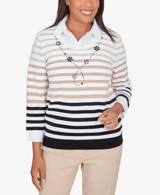 Alfred Dunner Women's Neutral Territory Collar Trimmed Embellished Stripe Sweater