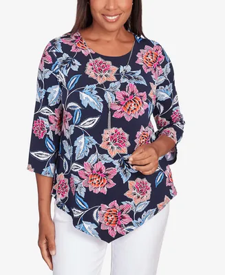 Alfred Dunner Women's Classic Puff Print Floral Top with Necklace