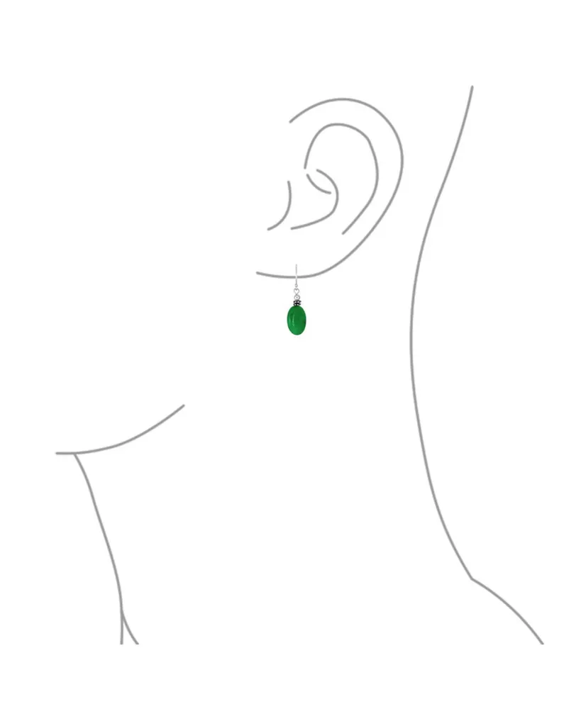 Bali Style Green Jade Milgrain Oval Gemstone Drop Earrings For Women .925 Sterling Silver Oxidized Wire Fish Hook