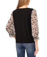 CeCe Women's Floral V-Neck Mix-Media 3/4-Sleeve Knit Top