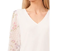 CeCe Women's Floral V-Neck Mix Media 3/4-Sleeve Knit Top