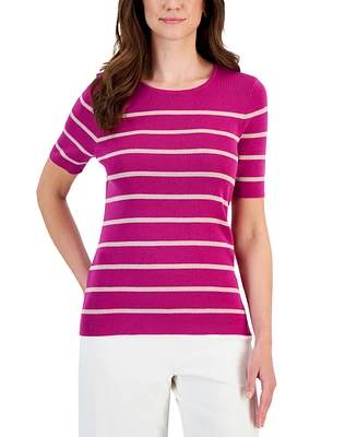 Tahari Asl Women's Striped Round-Neck Short-Sleeve Sweater Top