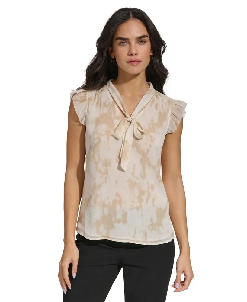 Calvin Klein Women's Printed Cap-Sleeve Tie-Neck Top