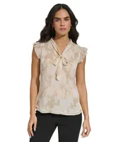 Calvin Klein Women's Printed Cap-Sleeve Tie-Neck Top