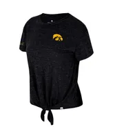 Women's Colosseum Black Distressed Iowa Hawkeyes Finalists Tie-Front T-shirt