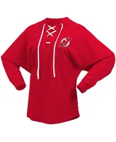 Women's Fanatics Red New Jersey Devils Lace-Up V-Neck Long Sleeve Hoodie T-shirt