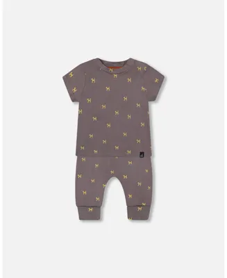 Baby Boy Organic Cotton Top And Evolutive Pant Set Dark Grey With Printed Pixel Dog - Infant
