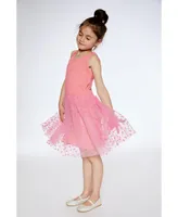 Girl Shiny Ribbed Dress With Mesh Flocking Flowers Pink