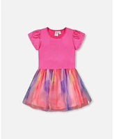 Girl Bi-Material Shiny Rib And Mesh Dress Fuchsia With Printed Rainbow Heart - Child