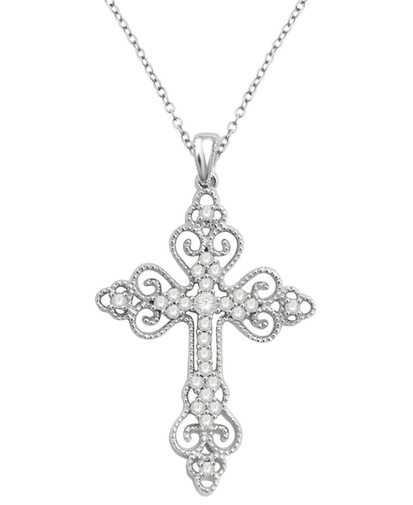 Diamond Filigree Cross 18" Pendant Necklace (1/6 ct. t.w.) in Sterling Silver