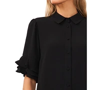 CeCe Women's Short Sleeve Ruffle Button Down Blouse