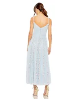 Women's Ruffle Floral Embroidered Detail Tea Length Dress