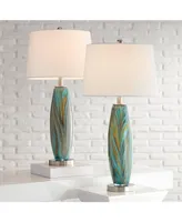 Azure Modern Table Lamps 29.5" Tall Set of 2 Handcrafted Blue Brown Art Glass White Fabric Drum Shade Decor for Living Room Bedroom House Bedside Nigh