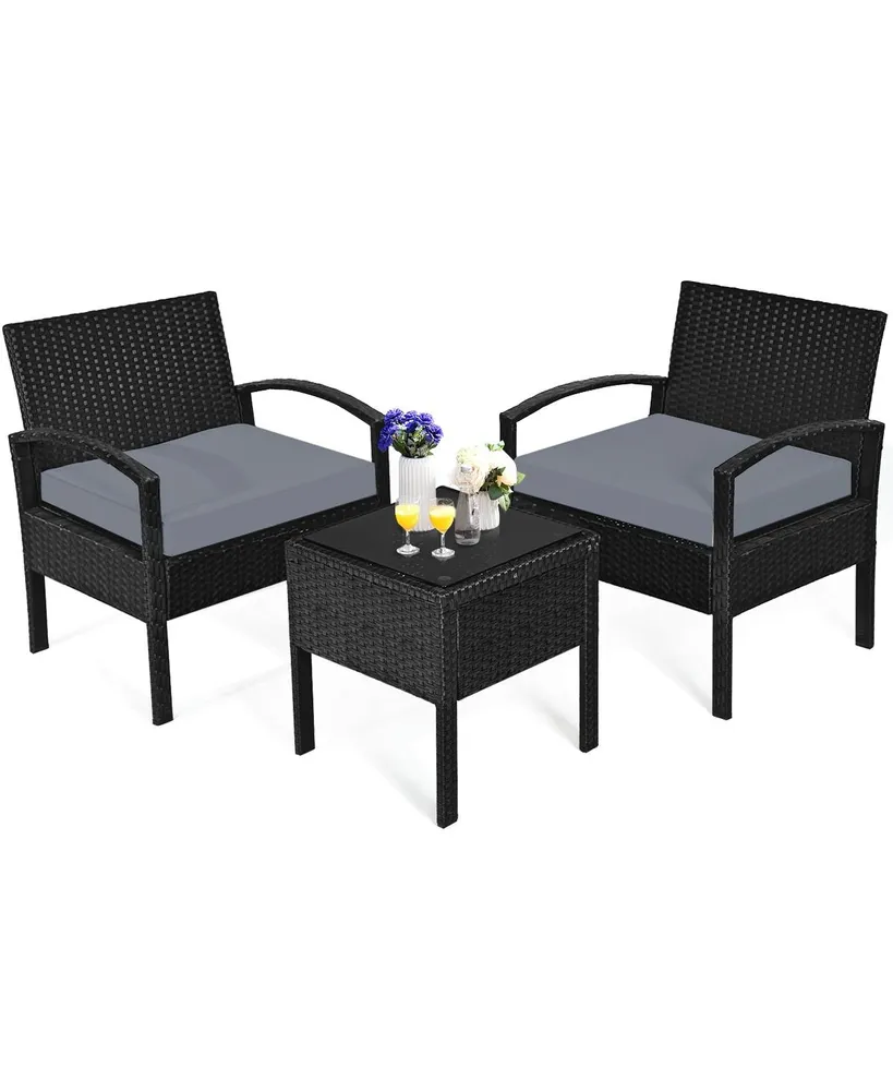 3 Pieces Outdoor Rattan Patio Conversation Set with Seat Cushions