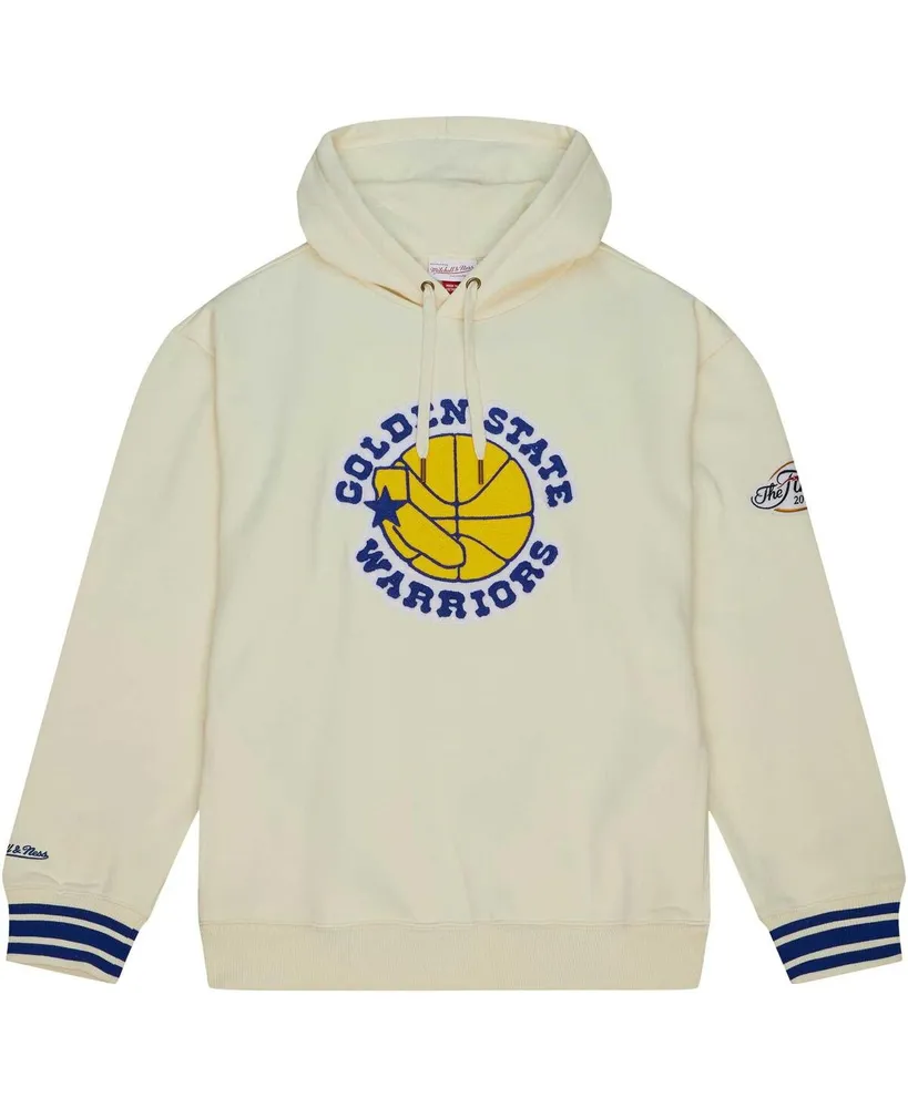 Men's Mitchell & Ness Cream Distressed Golden State Warriors Chainstitch Felt Pullover Hoodie