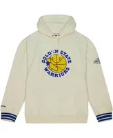 Men's Mitchell & Ness Cream Distressed Golden State Warriors Chainstitch Felt Pullover Hoodie