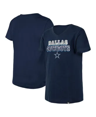 Big Girls New Era Navy Dallas Cowboys Reverse Sequin V-Neck T-shirt