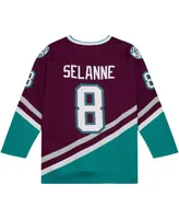 Men's Mitchell & Ness Teemu Selanne Purple Anaheim Ducks 1996/97 Alternate Captain Patch Blue Line Player Jersey