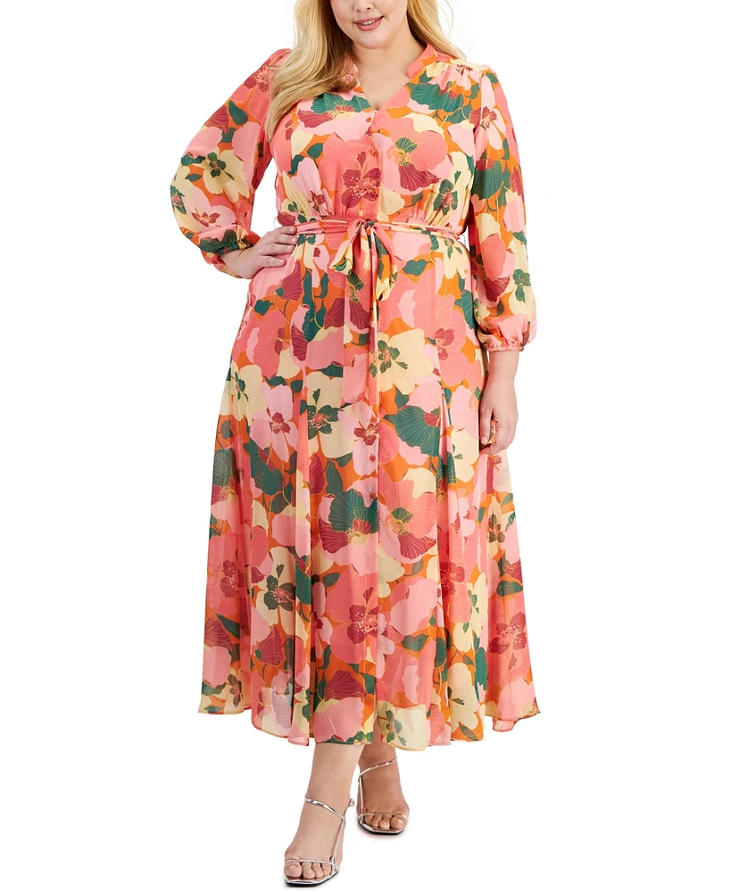 Taylor Plus Printed Long-Sleeve Tie-Waist Maxi Shirtdress