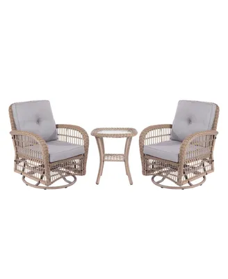 Simplie Fun 3 Pieces Outdoor Wicker Swivel Rocking Chair Set, Patio Bistro Sets With 2 Rattan Rocker Chairs And Glass Coffee Table For Backyard