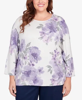 Alfred Dunner Plus Isn't It Romantic Shimmer Floral Crew Neck Sweater