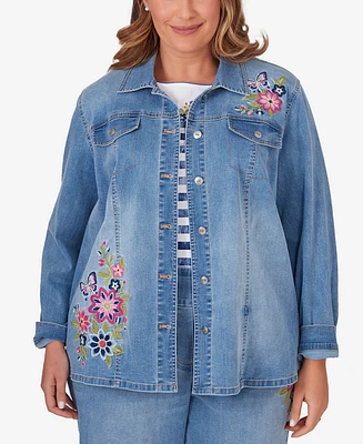 Alfred Dunner Plus Full Bloom Butterfly Embroidered Denim Shirt Jacket