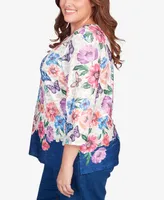 Alfred Dunner Plus Full Bloom Floral Butterfly Border Split Neck Top