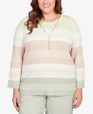 Alfred Dunner Plus English Garden Texture Stripe Crew Neck Sweater with Necklace