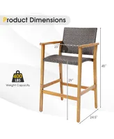 2PCS Patio Pe Wicker Bar Chairs Height Barstools with Acacia Wood Armrests