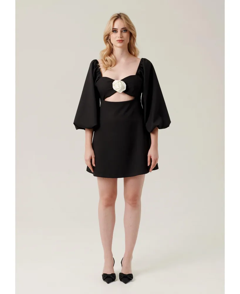 Nana'S Women's Bell sleeve cut out black mini dress with rose detail