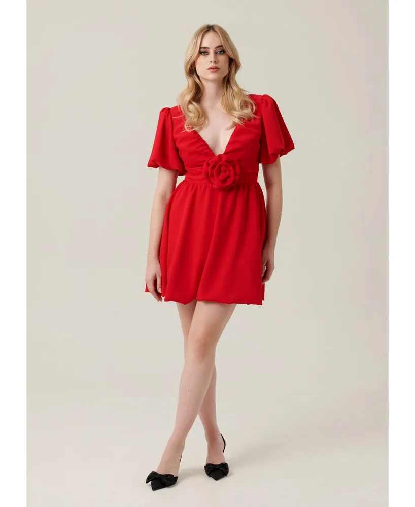 Nana'S Women's Puffed Sleeve Mini Cocktail Dress with Rose Detail
