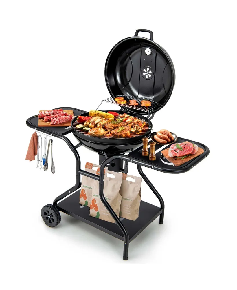 22 inch Charcoal Bbq Grill with Built-In Thermometer Wheels Side & Bottom Shelves