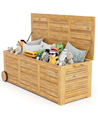 48 Gallon Acacia Wooden Patio Storage Deck Box Outdoor Storage Box with Wheels