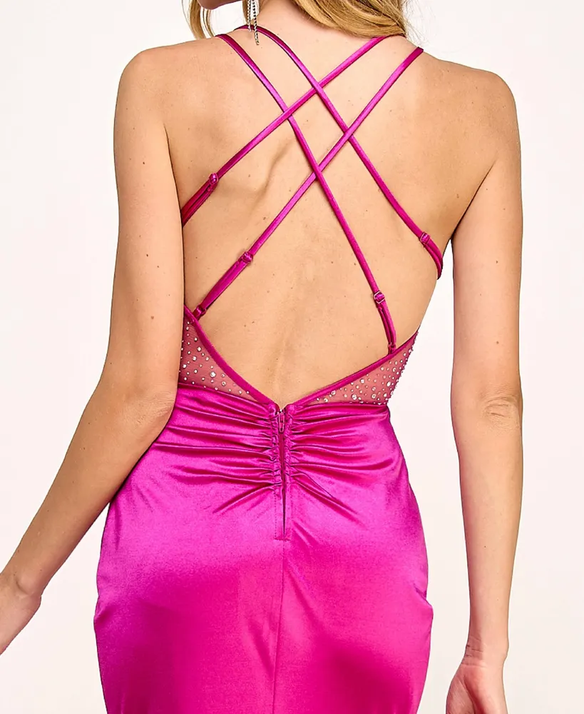 City Studios Juniors' Satin Cross-Strap Mesh with Stones on the Back Gown