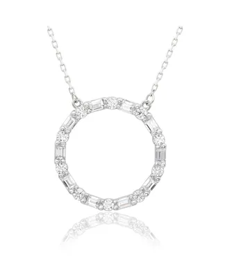 Suzy Levian Sterling Silver Cubic Zirconia Alternating Round & Baguette Open Circle Pendant Necklace