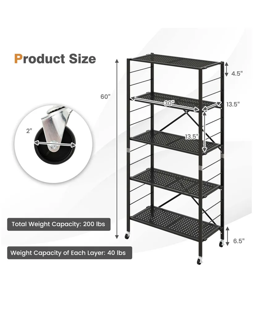 5-Tier Foldable Storage Shelves Adjustable Collapsible Organizer Rack with Wheels