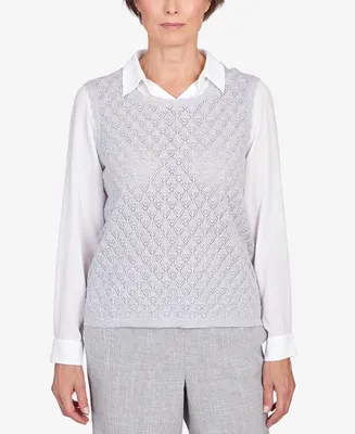 Alfred Dunner Petite Isn't It Romantic Collar Layered Imitation Pearl Trim Sweater