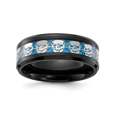Chisel Stainless Steel Black Ip-plated Skulls Fiber Inlay Band Ring