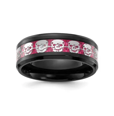 Chisel Stainless Steel Black Ip-plated Skulls Inlay Band Ring