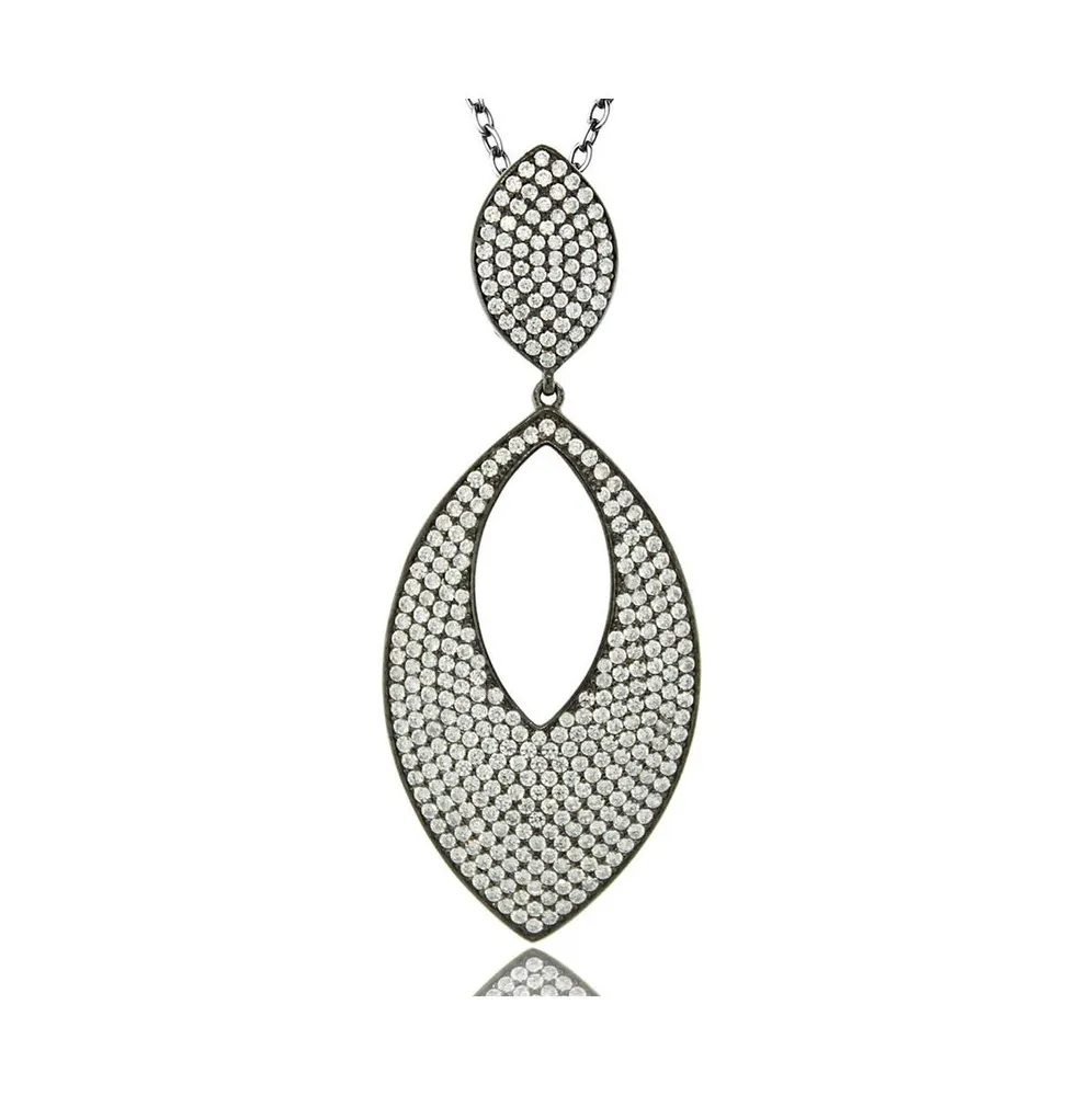 Suzy Levian New York Sterling Silver Cubic Zirconia Pave Marquise Large Disk Pendant Necklace