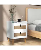 1 Pc Modern Nightstand End Bedside Table with 2 Rattan Drawers & Solid Wood Legs