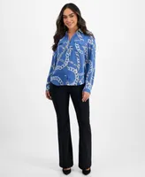 I.N.C. International Concepts Petite Printed Button Down Pocket Front Top Flare Leg Pull On Pants Created For Macys