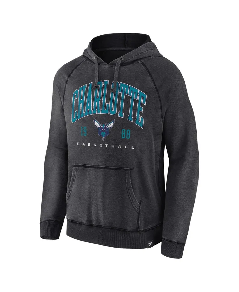 Men's Fanatics Heather Charcoal Distressed Charlotte Hornets Foul Trouble Snow Wash Raglan Pullover Hoodie